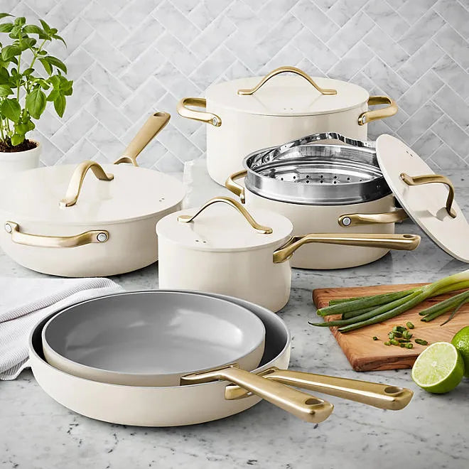 Member's Mark 11-Piece Modern Ceramic Cookware Set, Cream - Front
