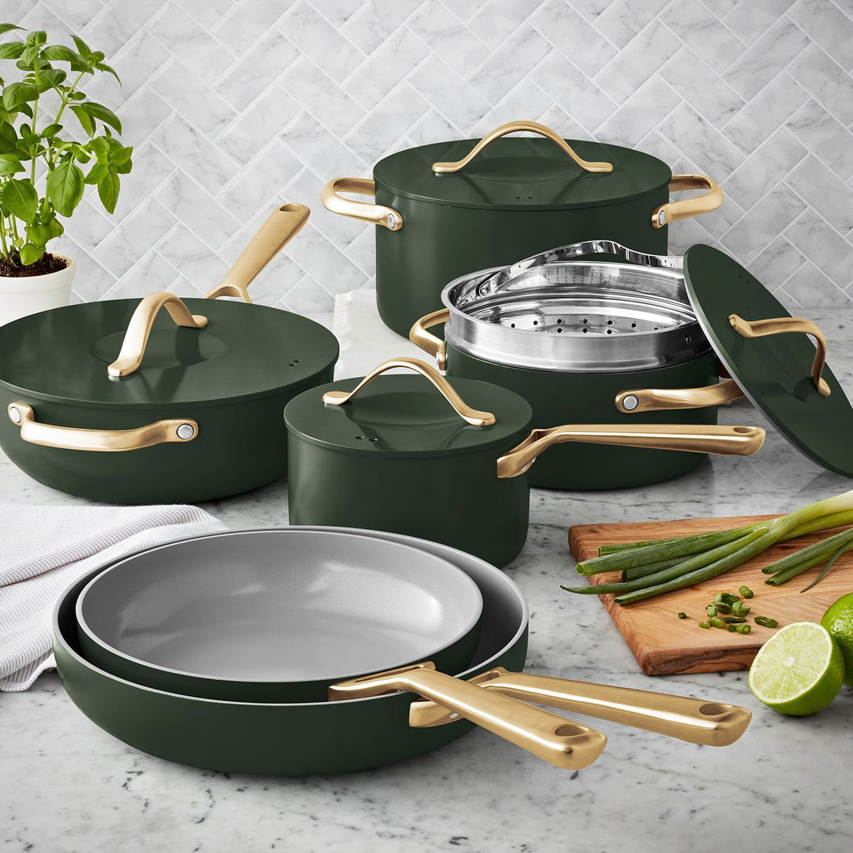 Member's Mark 11-Piece Modern Ceramic Cookware Set, Green - Front