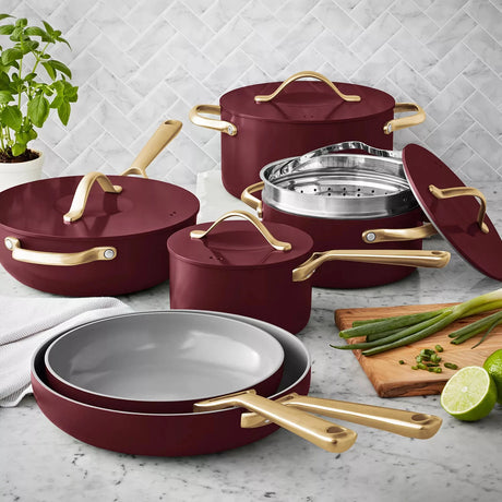 Member's Mark 11-Piece Modern Ceramic Cookware Set, Burgundy - Front