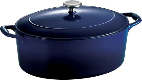 Tramontina Cast Iron Oval Dutch Oven Pot with Lid, Navy with Silver - Front