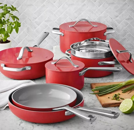 Member's Mark 11-Piece Modern Ceramic Cookware Set, Red - Front