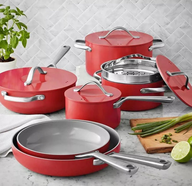Member's Mark 11-Piece Modern Ceramic Cookware Set, Red - Front