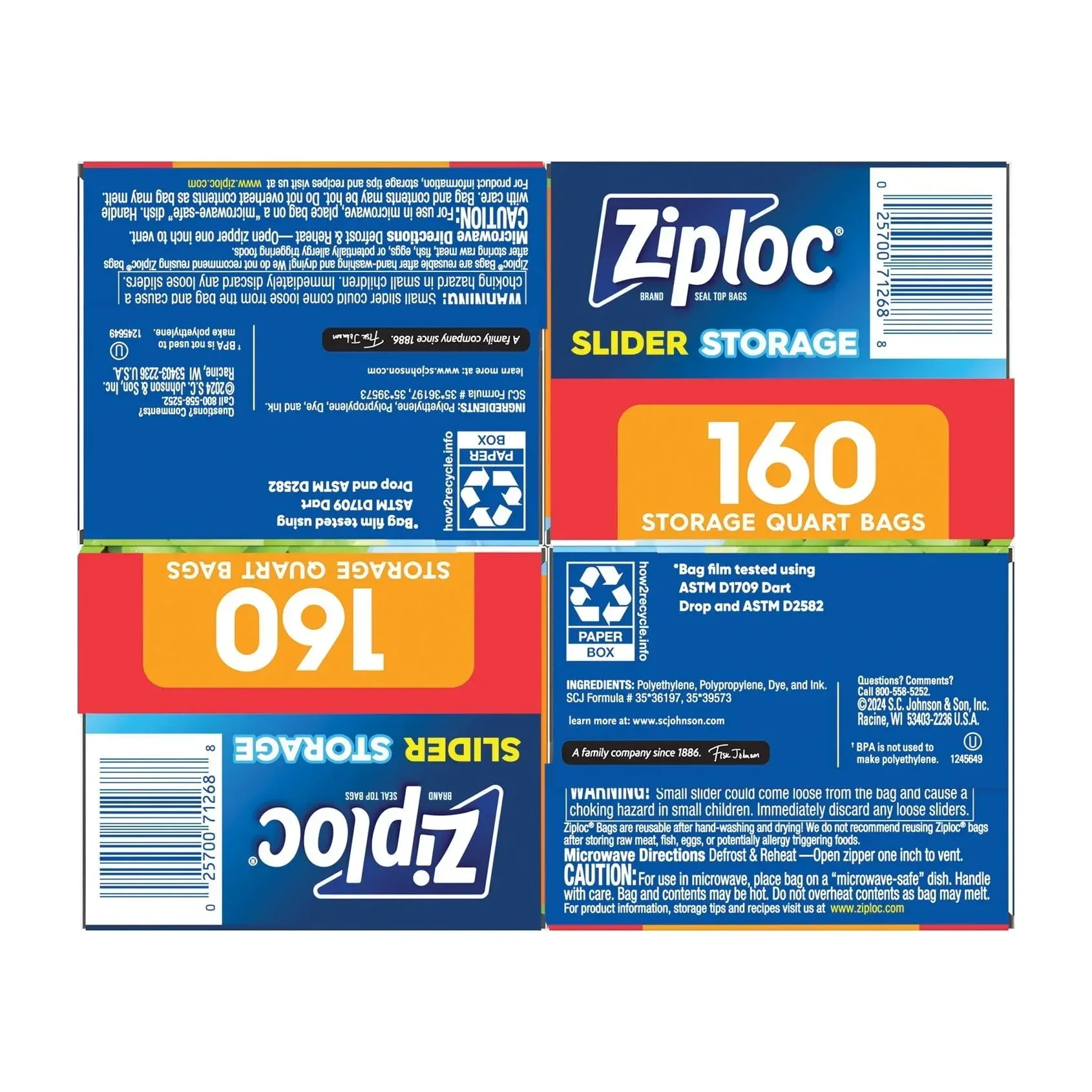 Ziploc Slider Quart Storage Bags, 160 Count